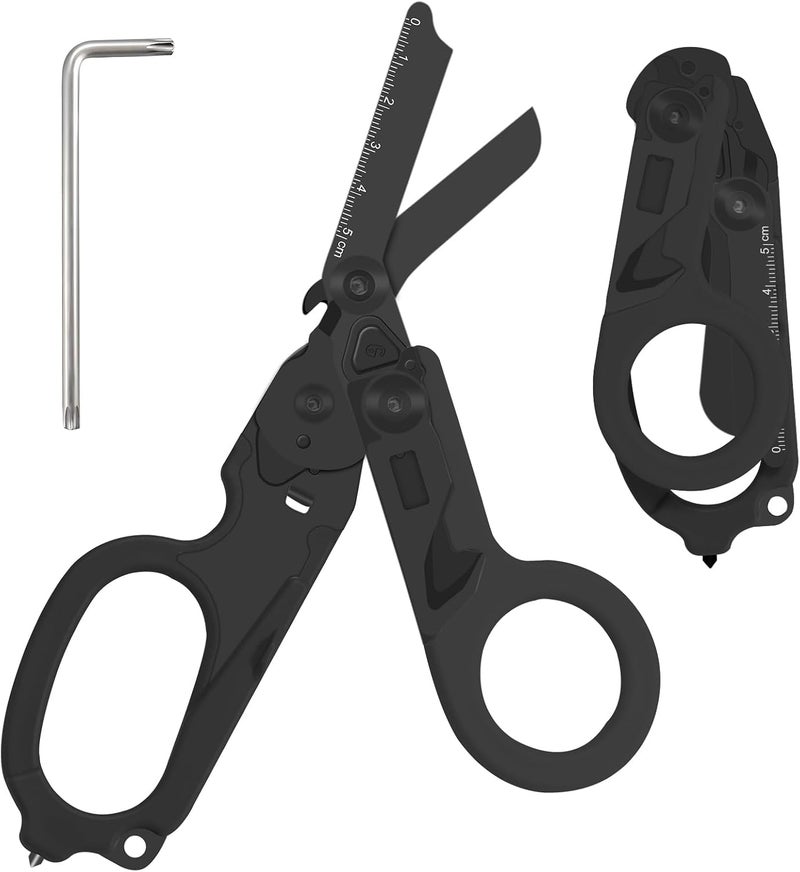 Lemasa 6 in 1 Multifunctional Combination Tool, Folding Retractable Emergency Shears, Outdoor Camping Tools, Seat Belt Cutter, Oxygen Cylinder Wrench, Complimentary Adjustable Wrench (Electroplating black) - Image 2